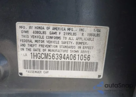 2004 Honda Accord 2.4 Lx from USA, damaged, VIN 1HGCM56394A061056